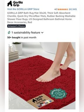 Gorilla Grip Red Chenille Bath Rug - Soft Non-Slip Bath Mat (30x20)